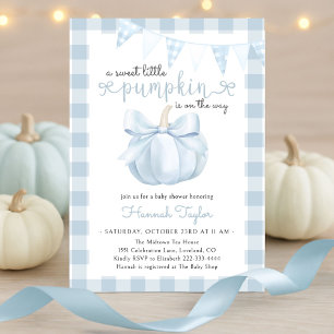 Little Pumpkin on the Way Blue Bow Baby Shower Invitation