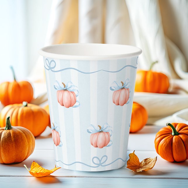 Little  Pumpkin On The Way Blue Bow Baby Shower Paper Cups (Creator Uploaded)