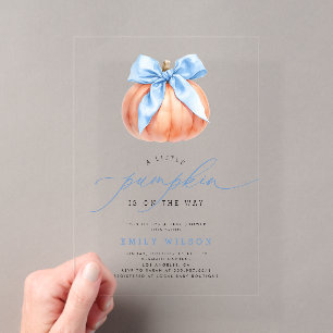 Little Pumpkin on the Way Blue Bow Boy Baby Shower Acrylic Invitations