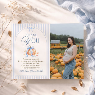 Little Pumpkin on the Way Blue Bow Boy Baby Shower Thank You Card