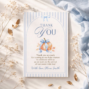 Little Pumpkin on the Way Blue Bow Boy Baby Shower Thank You Card