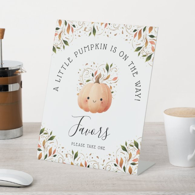Little Pumpkin on the Way Fall Baby Shower Favours Pedestal Sign (In SItu)
