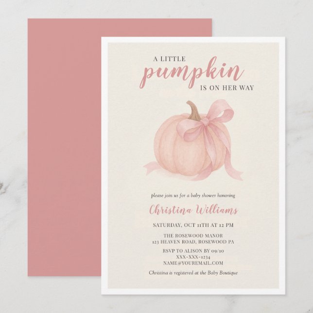 Little Pumpkin on the Way Pink Baby Shower Invitation (Front/Back)