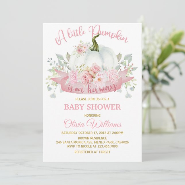 Little Pumpkin on the Way Pink Bow Baby Shower Invitation (Standing Front)