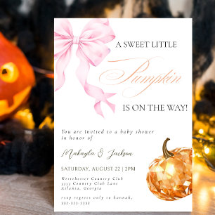 Little Pumpkin on the Way Pink Bow Baby Shower Invitation