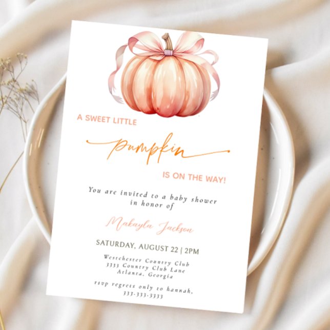 Little Pumpkin on the Way Pink Bow Baby Shower Invitation (Creator Uploaded)