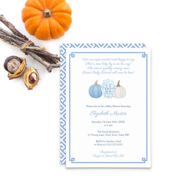 Little Pumpkin On The Way Poem Boy Baby Shower Invitation (New Baby Boy Poem Baby Shower Invitation Light Blue And White Pumpkins Ginger Jar. Greek Key Reverse)