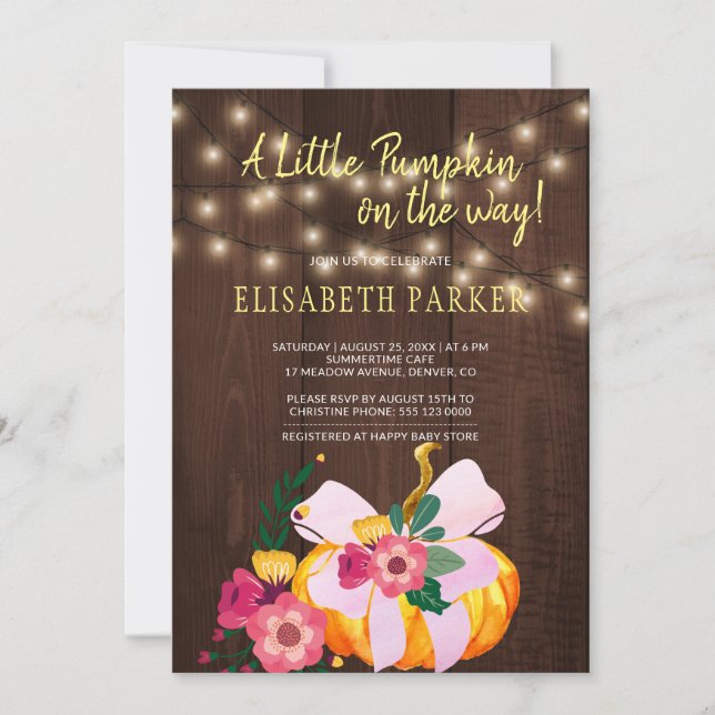 Little pumpkin on the way rustic baby girl shower invitation (Front)