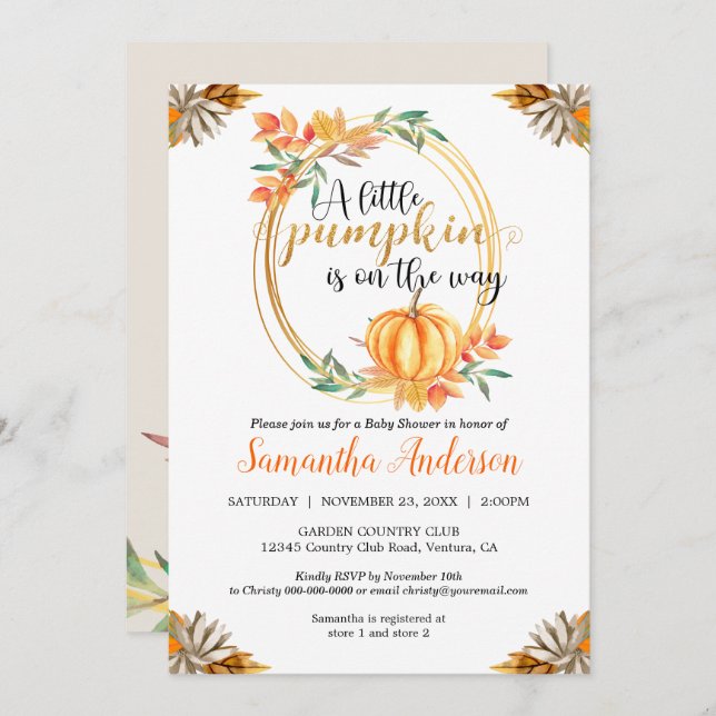 Little Pumpkin Orange Baby Shower Fall Leaves Invitation (Front/Back)