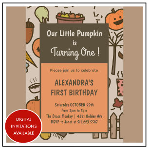 Little Pumpkin Orange Fall Halloween 1st birthday Invitation