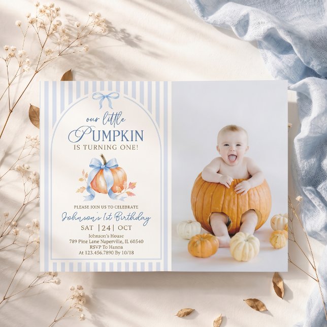 Little Pumpkin Pastel Blue Bow Fall Birthday Invitation (Creator Uploaded)