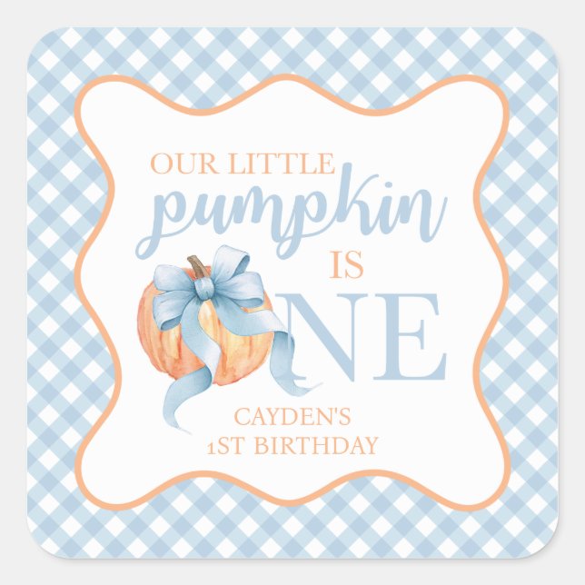 Little Pumpkin pastel blue bow plaid 1st birthday Square Sticker (Front)