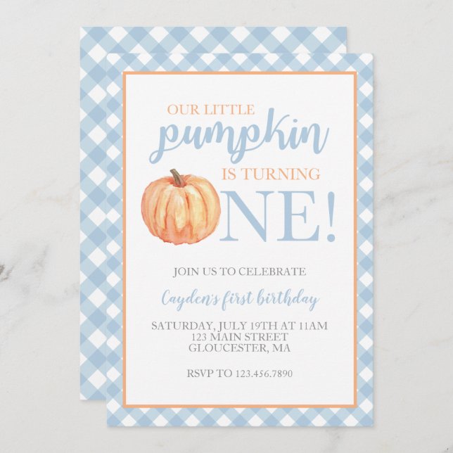 Little Pumpkin Pastel Blue Fall First Birthday Inv Invitation (Front/Back)