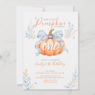 Little Pumpkin Pastel Blue Fall First Birthday Invitation
