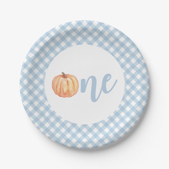 Little Pumpkin pastel blue plaid first birthday Paper Plate (Front)