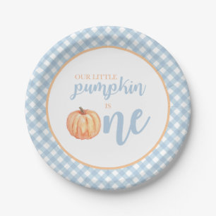 Little Pumpkin pastel blue plaid first birthday Paper Plate