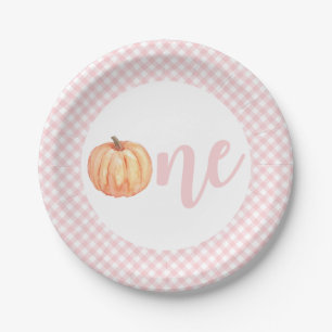 Little Pumpkin pastel pink plaid first birthday Pa Paper Plate
