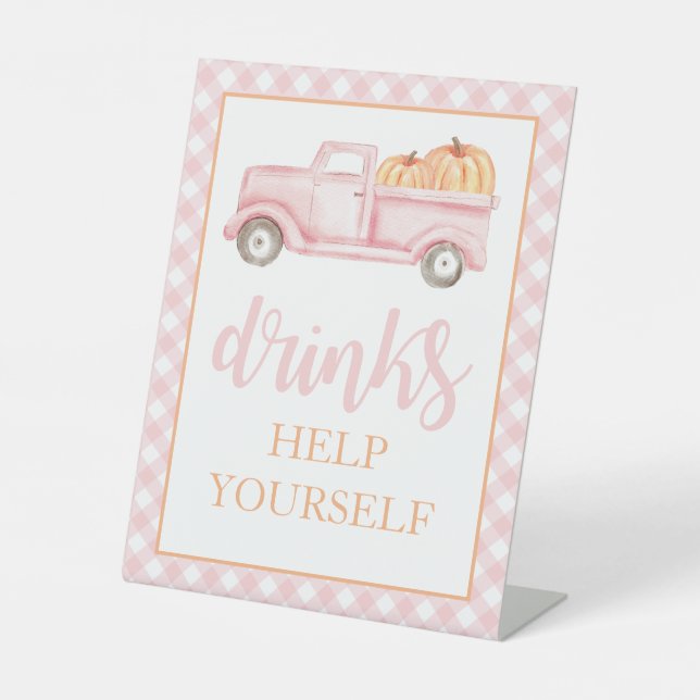 Little Pumpkin Pastel Pink Truck Drinks Pedestal Sign (Front)