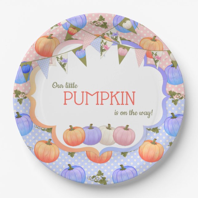Little Pumpkin Patch Gender Reveal Blue Peach Paper Plate (Front)