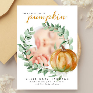 Little Pumpkin Photo Fall Greenery Baby Shower  Thank You Card