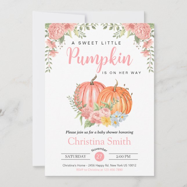 Little Pumpkin Pink Baby Girl Shower Floral Invitation (Front)