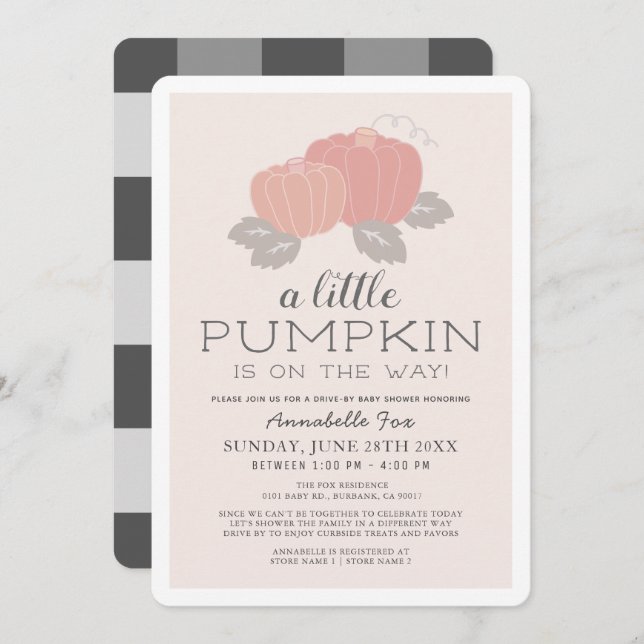Little Pumpkin Pink Black Drive-by Baby Shower Invitation (Front/Back)