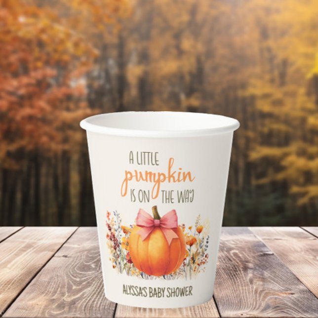 Little Pumpkin Pink Bow Baby Girl Shower Paper Cups (Little Pumpkin fall/autumn baby shower 8 oz. paper cups)