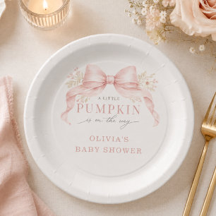 Little Pumpkin Pink Bow Baby Shower Paper Plate