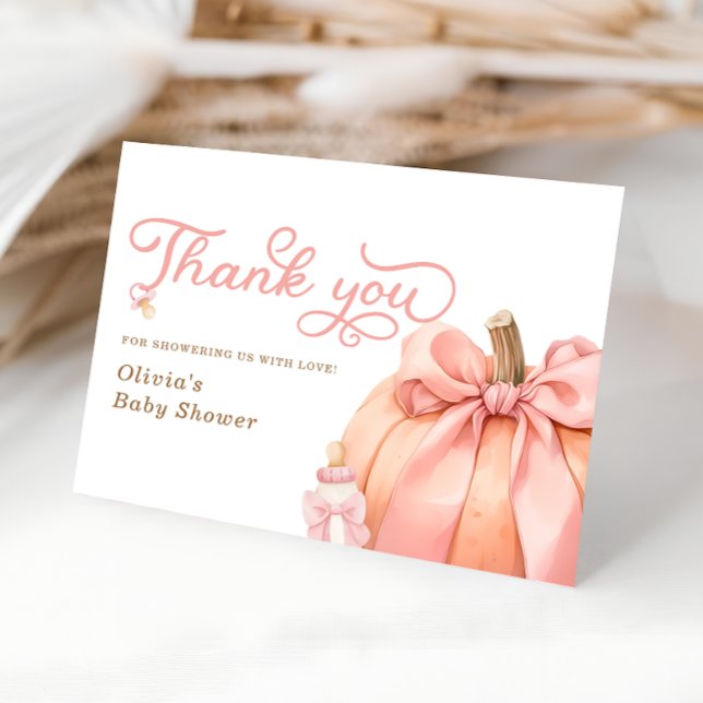 Little Pumpkin Pink Bow Baby Shower Thank You Card (Creator Uploaded)