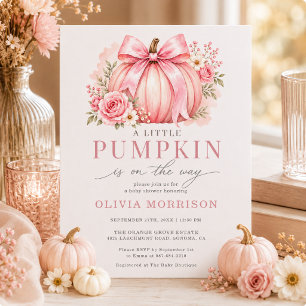 Little Pumpkin Pink Bow Girl Baby Shower Invitation