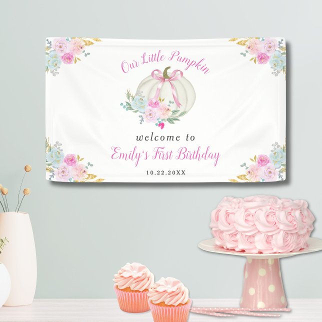 Little Pumpkin Pink Bow Girls 1st Birthday Welcome Banner (Creator Uploaded)