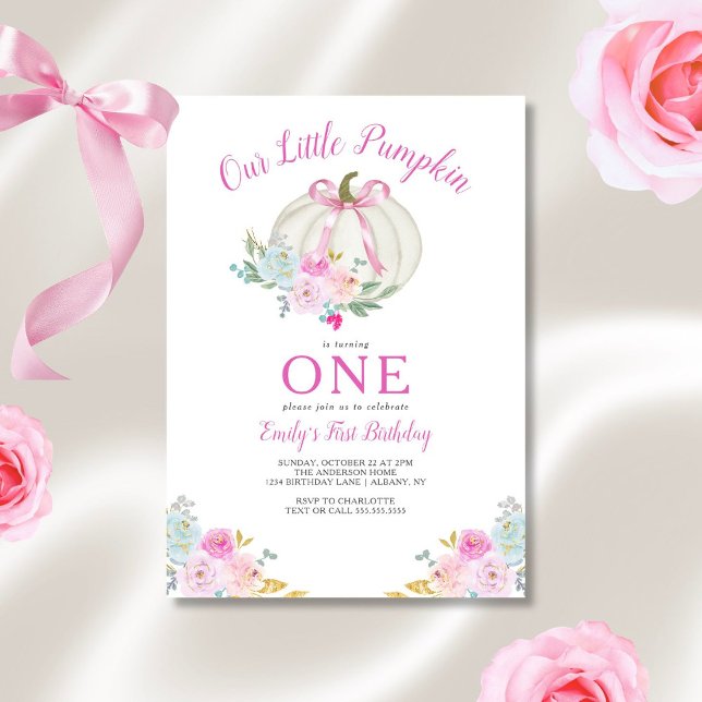 Little Pumpkin Pink Bow Girls First Birthday Invitation (Creator Uploaded)