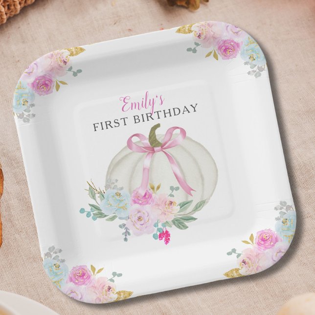 Little Pumpkin Pink Bow Girls First Birthday Paper Plate (Creator Uploaded)