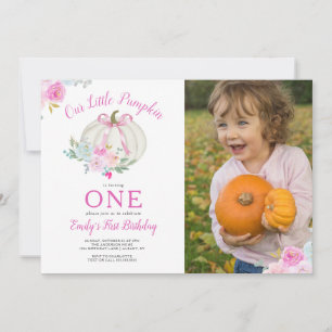Little Pumpkin Pink Bow Girls First Birthday Photo Invitation