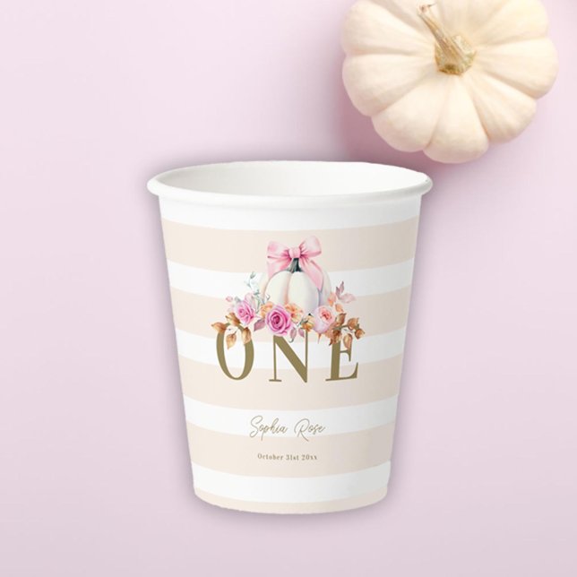 Little Pumpkin Pink Bow Roses 1st Elegant Birthday Paper Cups (little pumpkin pink bow girl baby shower paper cup personalized stripes first birthday)