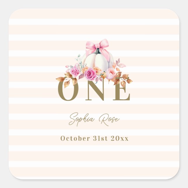 Little Pumpkin Pink Bow Roses 1st Elegant Birthday Square Sticker (Front)