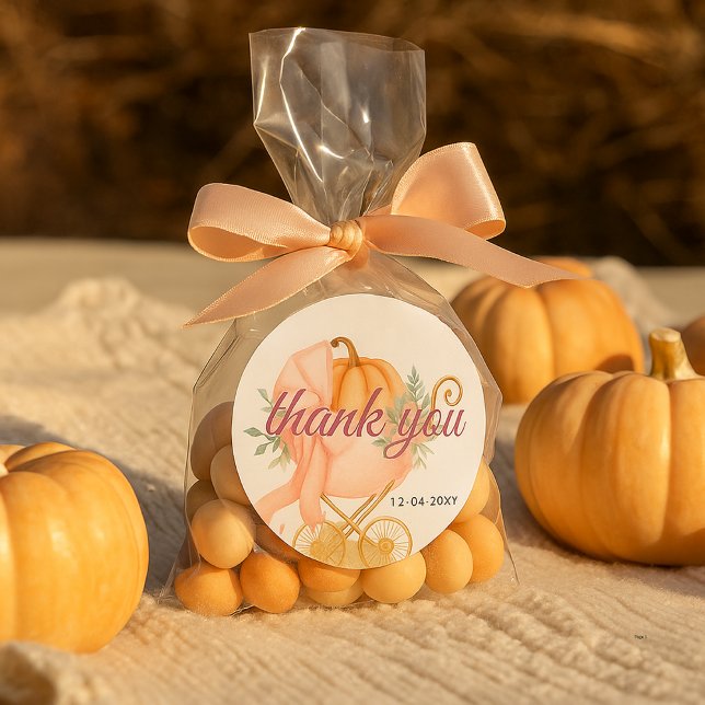Little Pumpkin Pink Bow Thankyou Baby Shower Classic Round Sticker (Creator Uploaded)