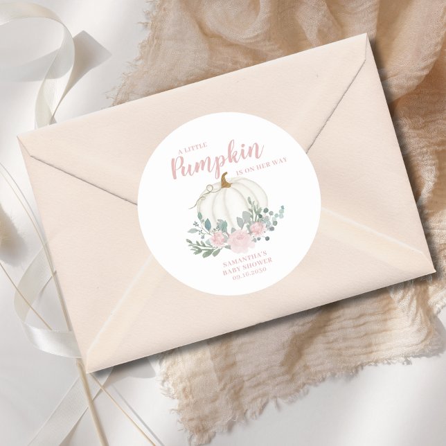 Little Pumpkin Pink Floral Baby Shower  Classic Round Sticker (Creator Uploaded)