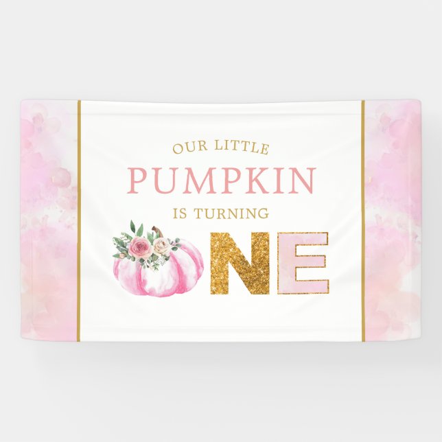 Little Pumpkin Pink Floral Fall Girl 1st Birthday Banner (Horizontal)
