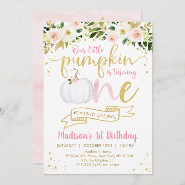 Little Pumpkin Pink Floral First Birthday Invitation (Front/Back)