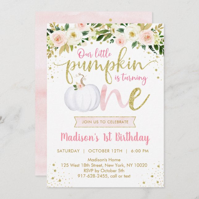 Little Pumpkin Pink Floral First Birthday Invitation (Front/Back)