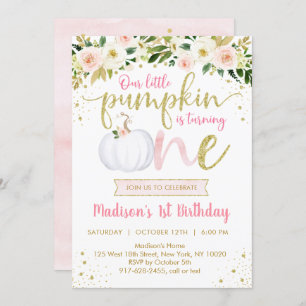 Little Pumpkin Pink Floral First Birthday Invitation