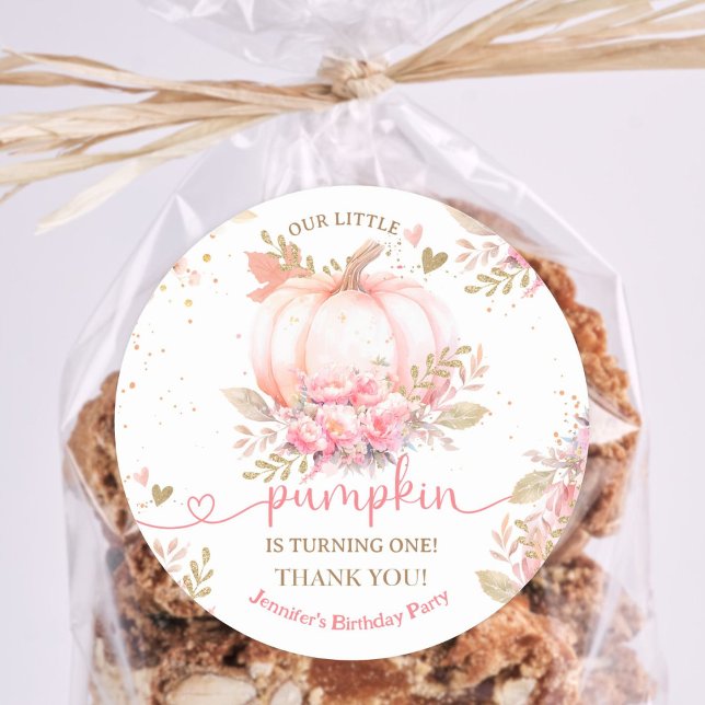Little Pumpkin Pink Floral Girl Fall 1st Birthday Classic Round Sticker (Creator Uploaded)