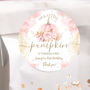 Little Pumpkin Pink Floral Girl Fall 1st Birthday Classic Round Sticker