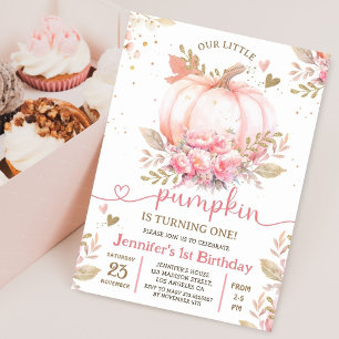 Little Pumpkin Pink Floral Girl Fall 1st Birthday  Invitation