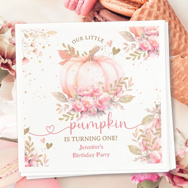 Little Pumpkin Pink Floral Girl Fall 1st Birthday Napkin (Creator Uploaded)