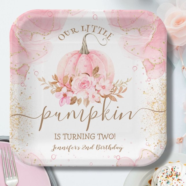 Little Pumpkin Pink Floral Girl Fall 2nd Birthday Paper Plate (Creator Uploaded)