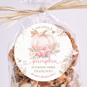 Little Pumpkin Pink Floral Girl Fall 3rd Birthday Classic Round Sticker