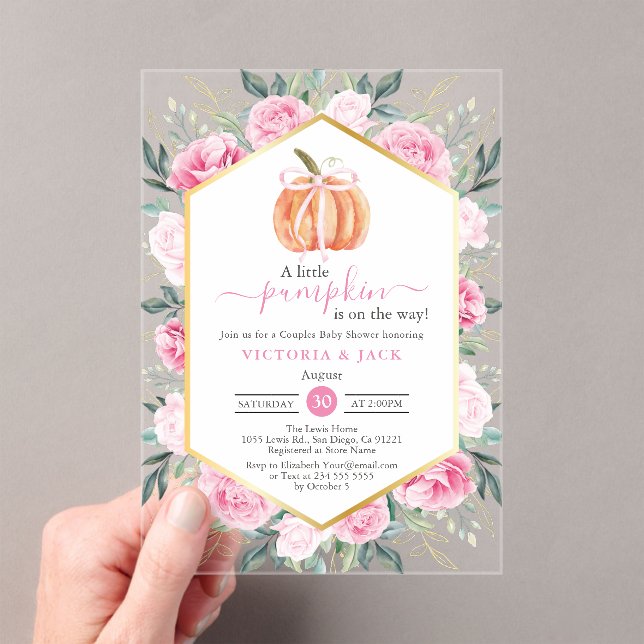 Little Pumpkin Pink Floral Leaves Fall Baby Shower Acrylic Invitations (Insitu (Handheld))