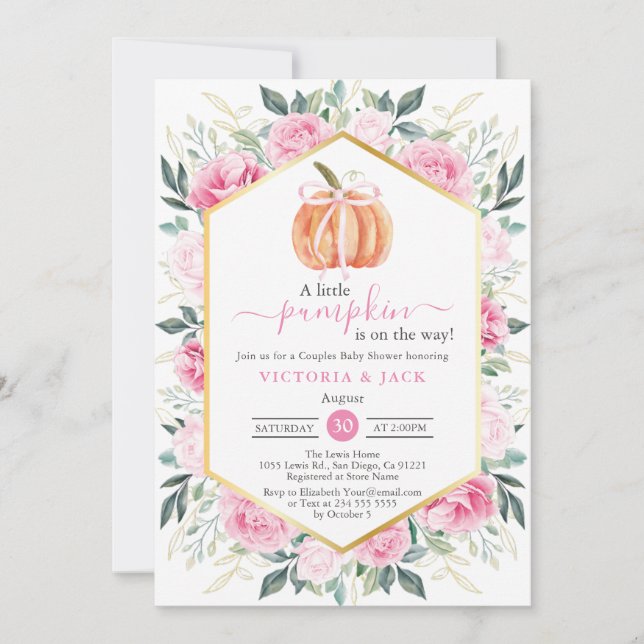 Little Pumpkin Pink Floral Leaves Fall Baby Shower Invitation (Front)